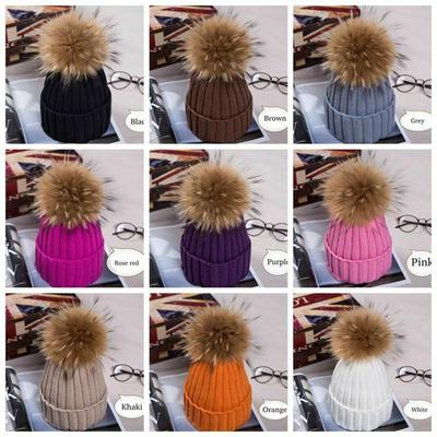 2023 heiße Frauen Winter Waschbären Pelz Pom Pom 15cm Ball Stricken Beanie Ski Cap Bobble Hut