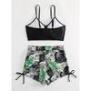 Tropical Leaf Print V Neck High Waist Bikini Sets - Drawstring Spaghetti Straps Boxer Short Bottoms Two Pieces Swimsuit, Women's Swimwear & Clothing
