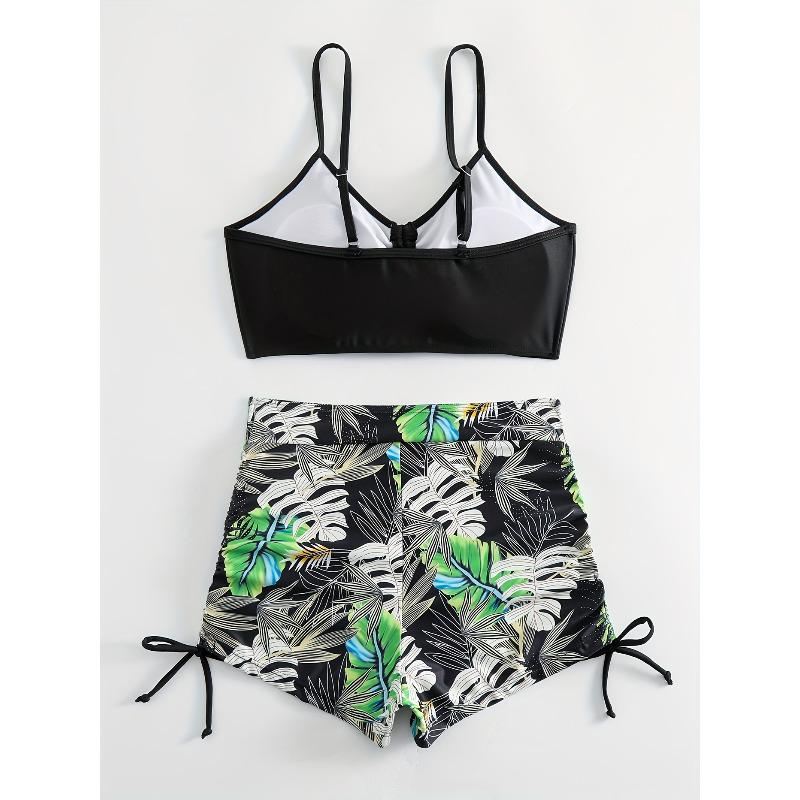 Tropical Leaf Print V Neck High Waist Bikini Sets - Drawstring Spaghetti Straps Boxer Short Bottoms Two Pieces Swimsuit, Women's Swimwear & Clothing