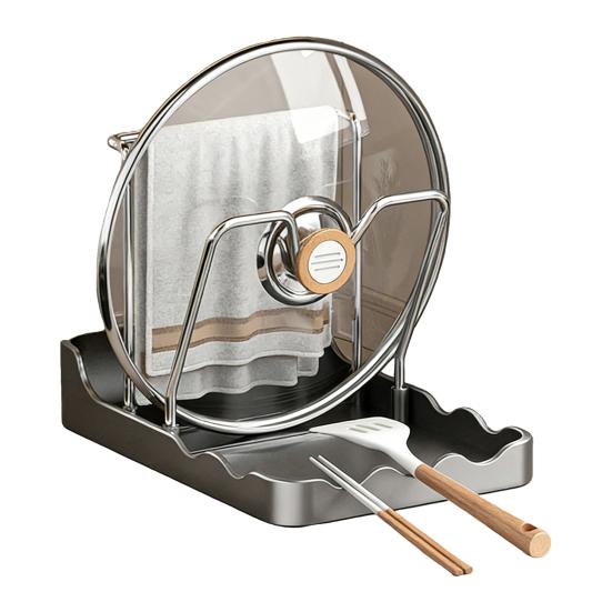 Countertop Pot Lid Holder Pan Lid Storage Rack with Drain Tray Pot Lid Stand with Spoon Rest While Cooking Kitchen