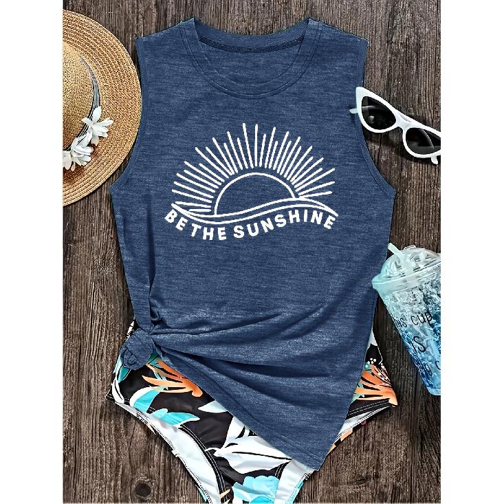 2026 New Be The Sunshine Sun Print Round Neck Women Soft Knit Sleeveless Vest