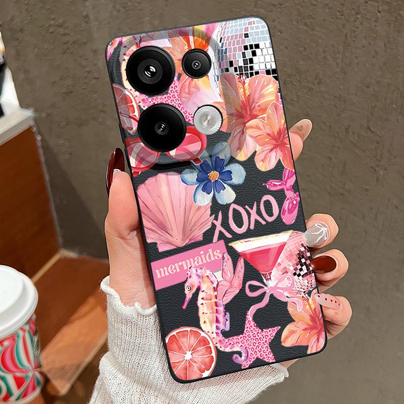 Růžový Kreslený Vzor Květinový Kryt Pro Xiaomi Redmi Note 14 13 Pro 5G 4G 12 11 Pouzdro Xiaomi 14T 13T 11T Pro Kožená Textura Silikonový Kryt