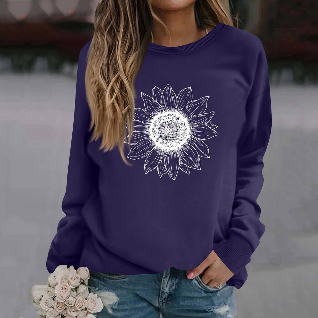 Sweat-shirt décontracté à manches longues et col rond pour femme, couleur unie, imprimé