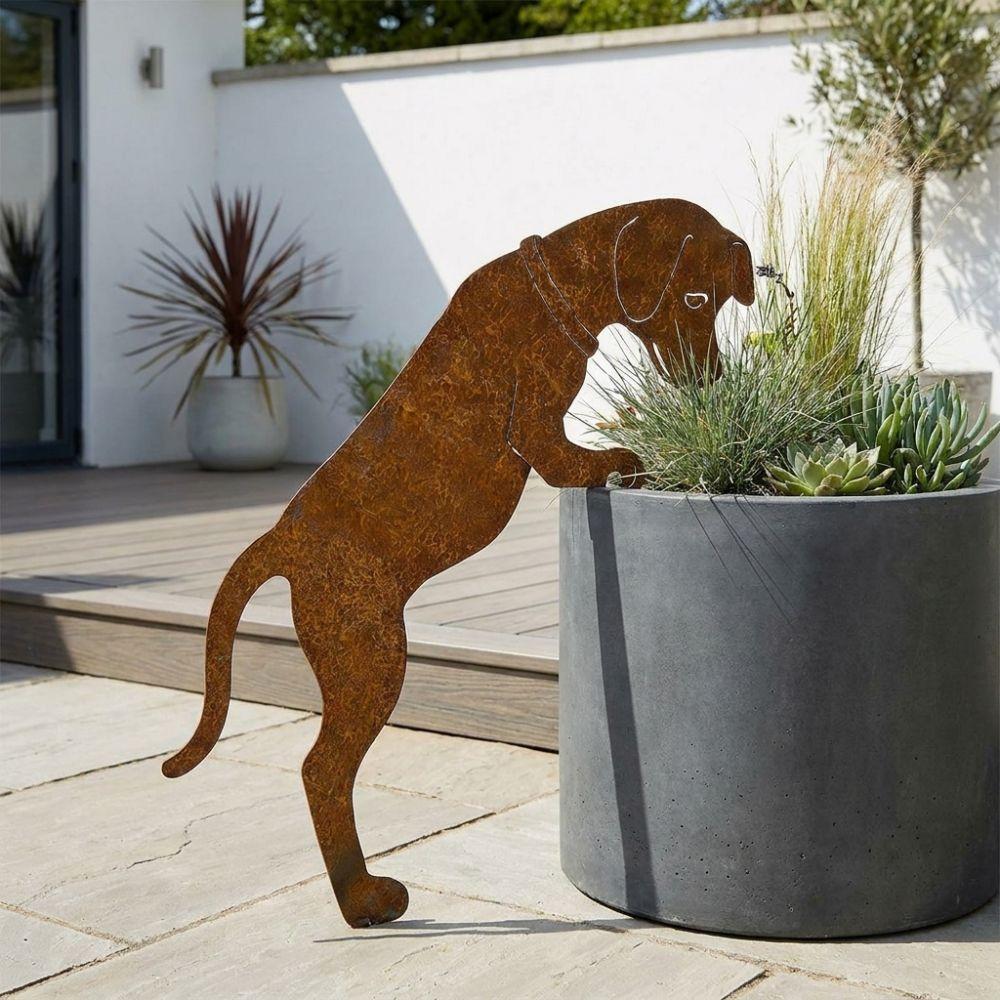 Rostige Oberfläche Hundentopf-Halter Dekoration Rustikale Tier Silhouette Gartenstatue Außenhof Dekoration