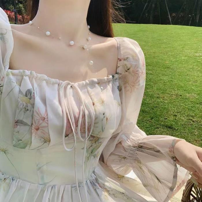 

Весенне-летнее элегантное шифоновое платье с длинным рукавом - Лесная фея, перерыв на чай, французский стиль первой любви Extra Large цветочный