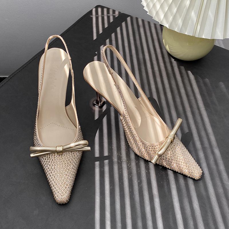 2025 New Arrival Catwalk Stiletto Heels Square Toe Bowknot High Heels Handmade Crystal Rhinestone Sandals French Shoes