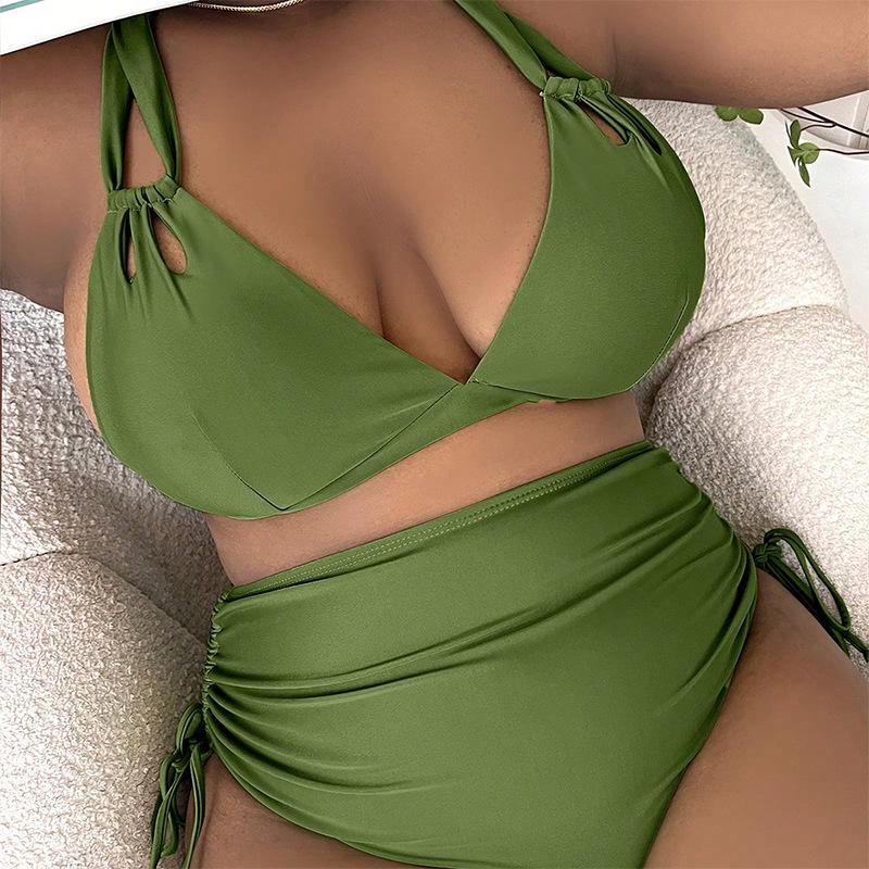 2024 Plus Size High Waist Triangle Bikini - Women’s Solid Color Swimwear