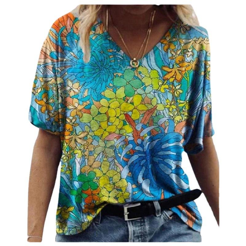 Women's Summer New V-neck Floral Positioning 3D Printed Short Sleeved T-shirt