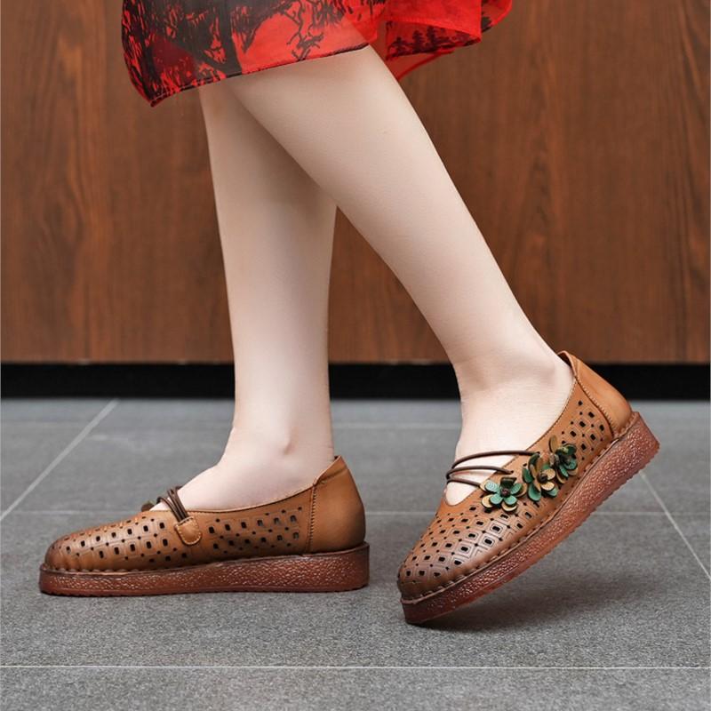 Johnature Flat Sandals Genuine Leather Hollow-out Breathable Retro Soft Soled Women's Shoes