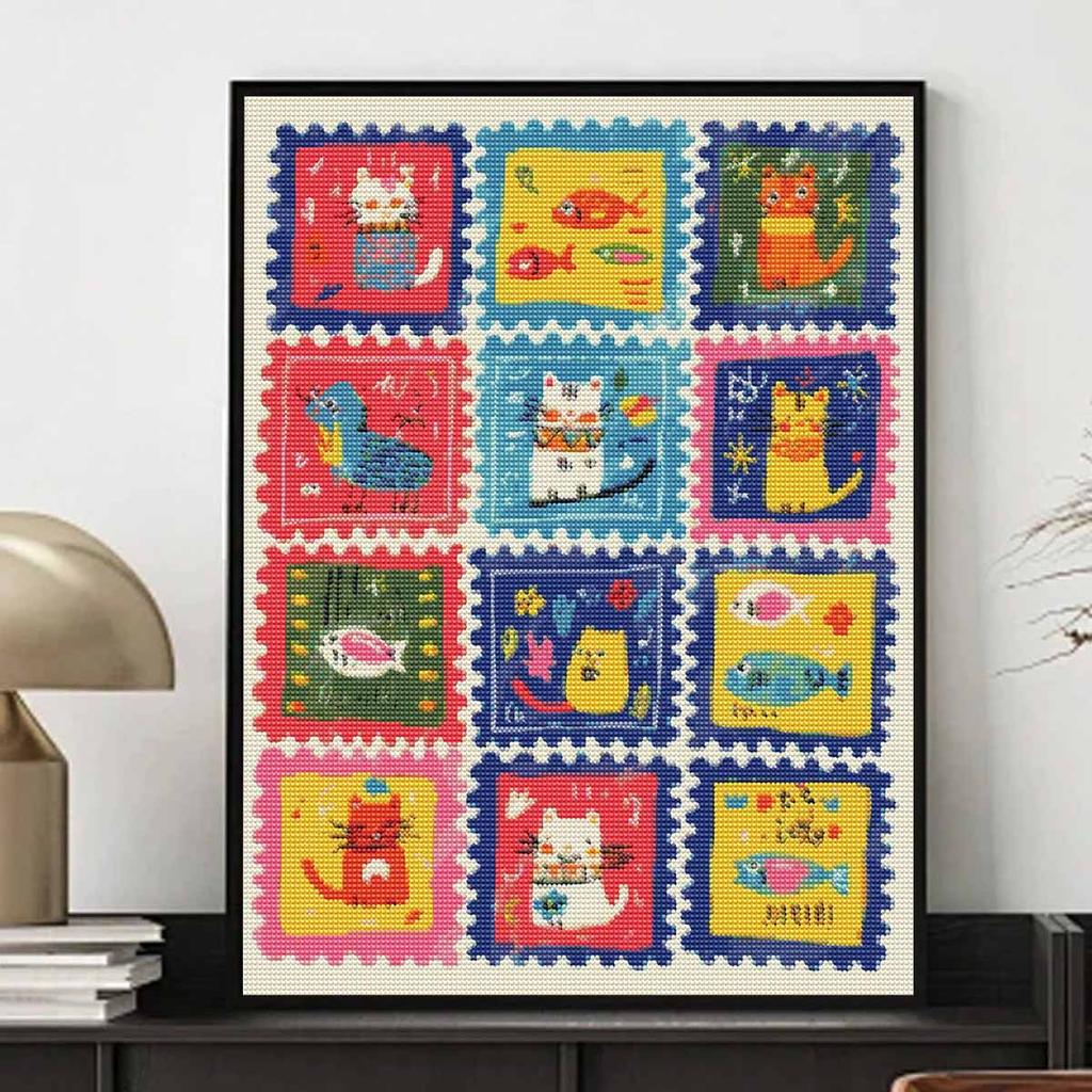Diamond Painting Kit Full Diamond Round Mosaic Cute Cats Fish Aquarium Postage Stamp Colorful Cartoon Whimsical Home Decor Gift