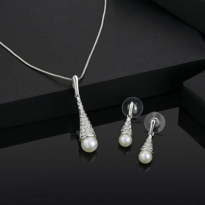Women's Necklace Set with Rhodium Plated, Pearl Drops and Austrian Crystals
