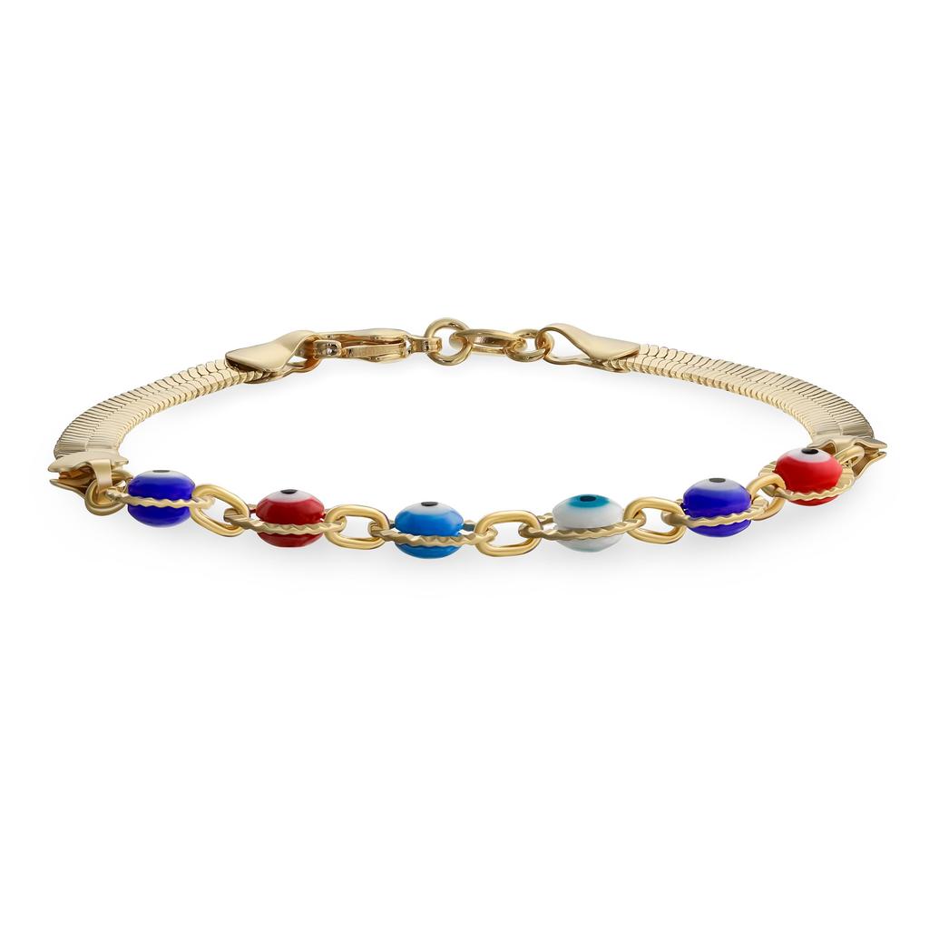 Amulet for Protection and Good Luck Multicolor Rainbow Evil Eye Bracelet for Women Teens Yellow Gold Plated Herringbone Snake Chain