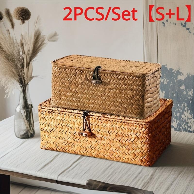 

2PCS Vintage Hand Woven Storage Basket, Gift Storage Box, Office Desk Miscellaneous Storage Box, Buckle and Lid Storage Basket
