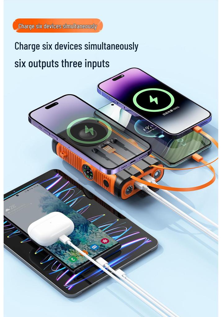 Solar Hand-Crank Power Bank & Magnetic Wireless Charger with PD 22.5W Fast Charging & Built-in Cable - Camping Mobile Power Supply.
