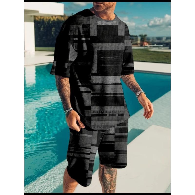 Men'S T-shirt, Shorts, Set, Printed Shirt, Hawaiian Style, Turn- Collar T-shirt, Plaid Pattern, Outdoor, Street Style