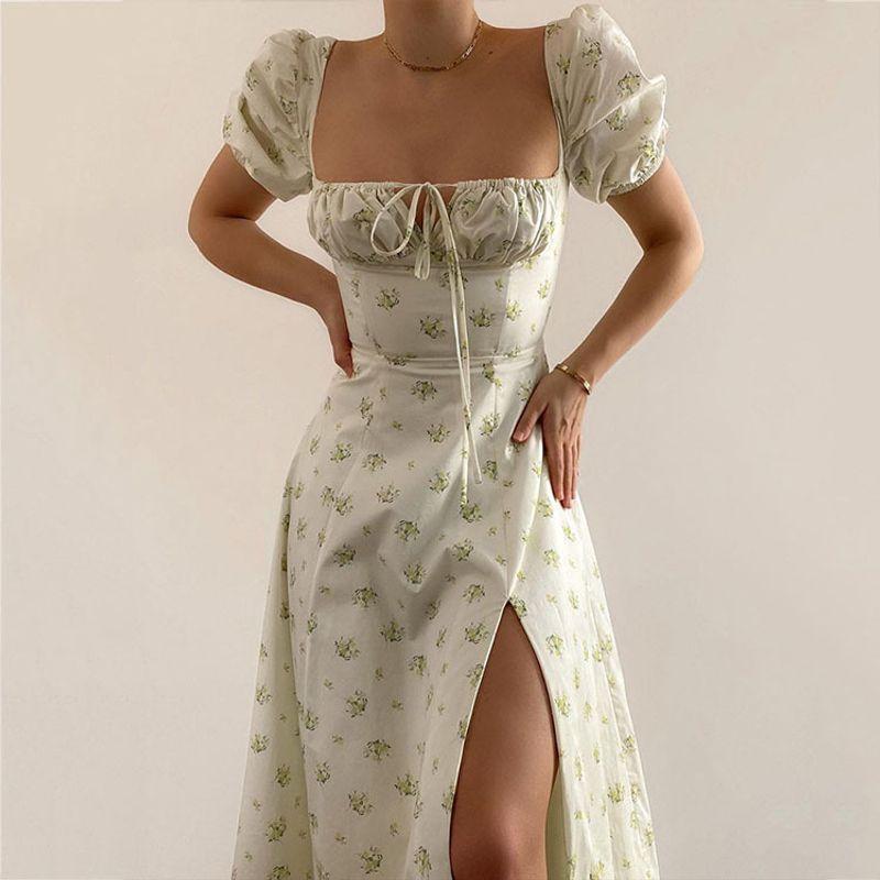 European and American Pastoral Style Sexy Square Collar Lace-up Small Floral Print Slim fit Puff sleeve Temperament High Slit Dress Women