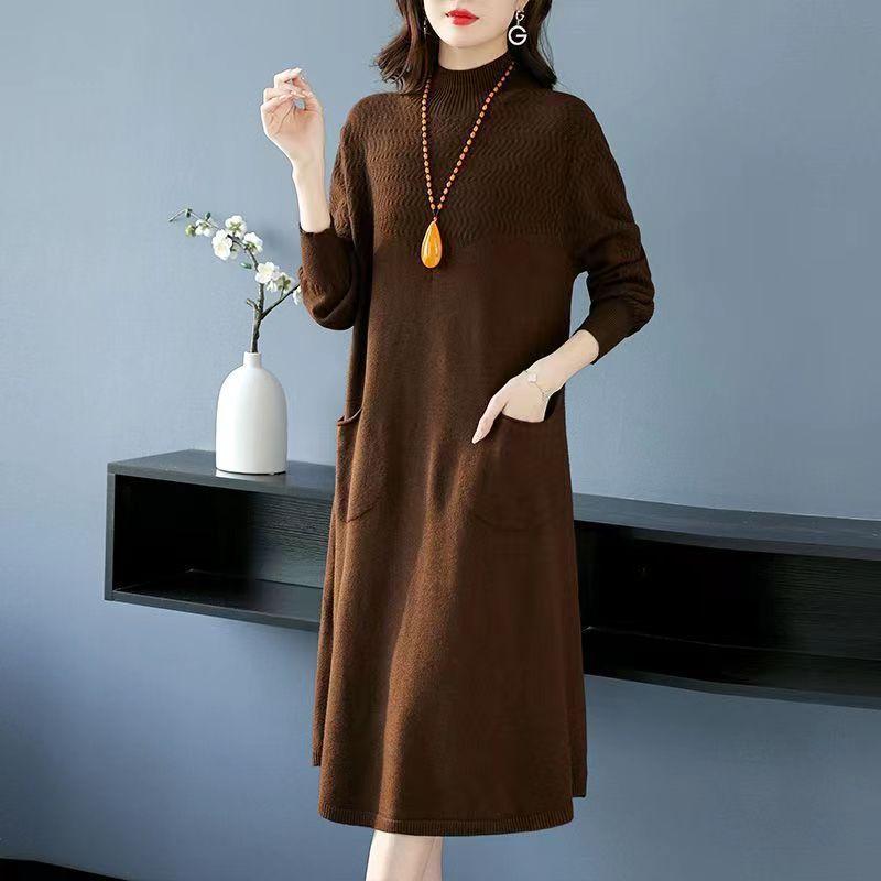 Solid Color Half Turtleneck Mid-length Knitted Dress for Women Long-sleeved Pullover Warm Winter Women's Sweater Dress