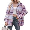 Women's Fashion Plaid Long Sleeved Button Up Hooded Pocket Drawstring Casual Shirt Jacket