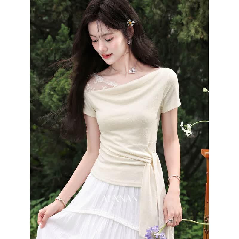 Women s French Style Apricot Waist-Cinching T-Shirt L