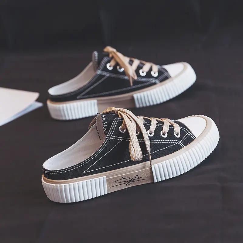 Fashion Mules Round Toe Women's Slippers And Ladies Sandals Slides Outside Shoes Canvas Black Vip Eva Luxury Chic Elegant Trend Footwear