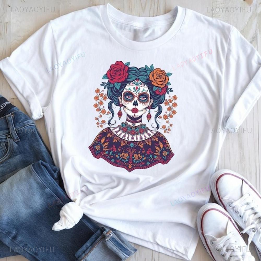 Catrina Floral TShirt Día De Los Muertos Sugar Skull Woman Tee Mexican Day of The Dead Calavera Shirt Unisex Festival Costumes S