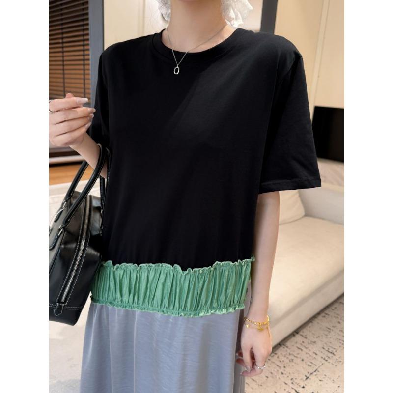 DIMANAF 2025 Women Summer Plus Size Long Dress Vintage Short Sleeve Shirt Dress Basic Elegant Casual Oversized Loose Dress