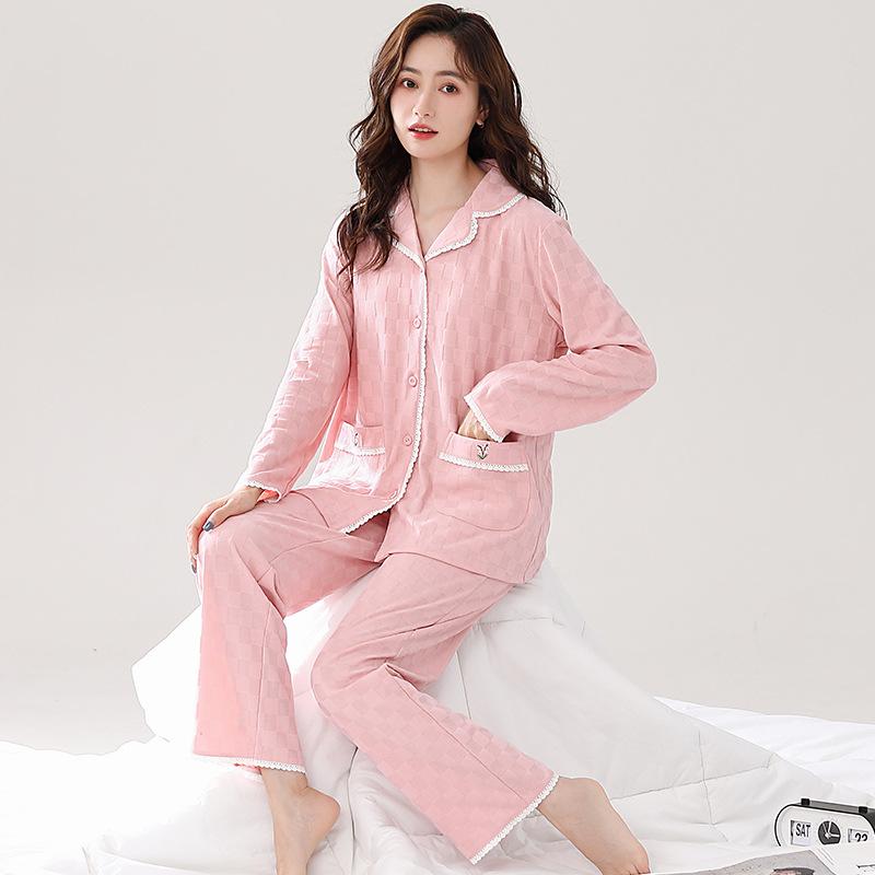 Pajamas Women'S Pure Cotton Long-Sleeved Sweet Casual Cardigan Can Be Worn Outside Loungewear Large Size Two-Piece Set
