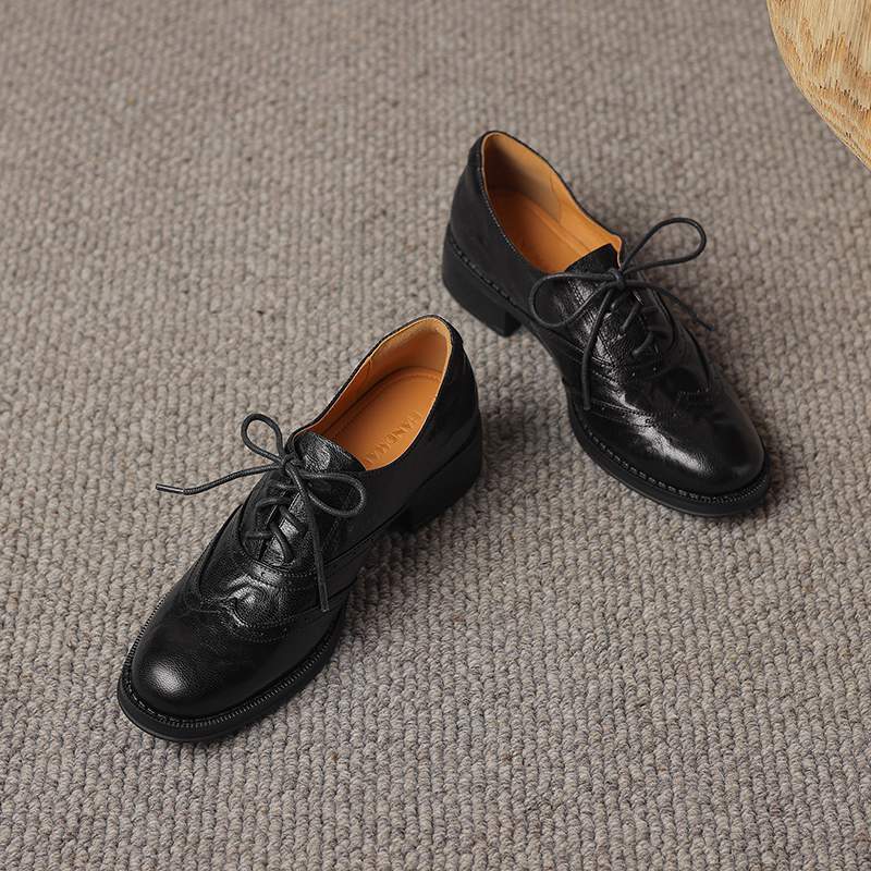 Krazing Pot Sheepskin Round Toe Thick Heels Autumn Lace Up Block Shoes Women Retro Fashion Pumps