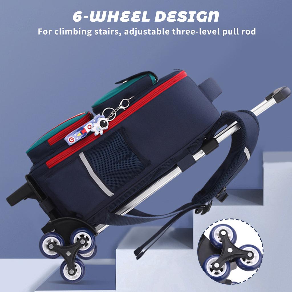 School Bag With Wheels Rolling Backpack for Kids Wheeled School Bag 6 Wheels Trolley Bookbag Carry On Luggage with Lunch Bag