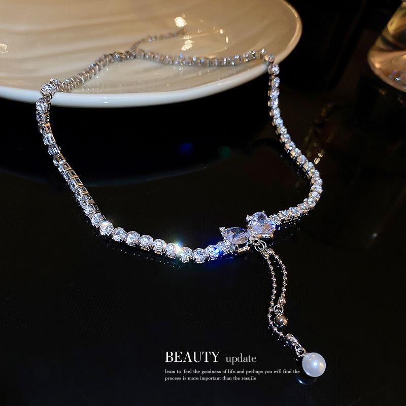 Korean super flash diamond bow tassel necklace fashion personality collarbone chain necklace women