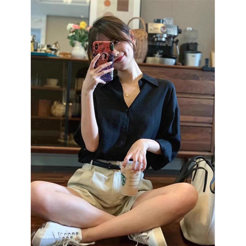 

Women s Black Cotton-Linen Sun Protection Shirt - French-Style, Lightweight, Long Sleeve. XL