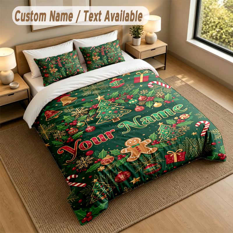Christmas Theme Personalized 3Pcs Bedding Set Custom Text & Name 1 Sheet 2 Pillowcases Household Bedding 1pc