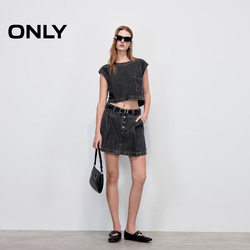 ONLY Women's Distressed Washed Sleeveless Cropped Denim T-shirt