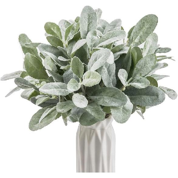 6pcs Artificial Lambs Ear Stems,14  Flocked Sage Leaves Plants for Wedding Party Home Decor (Flocked Green) Flocked Green