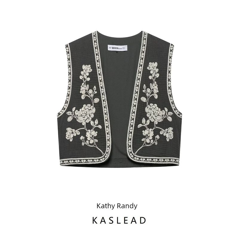 Kaslead New Women Clothes Western Style Fashion Simple and Versatile Embroidery Cardigan Vest 6318042