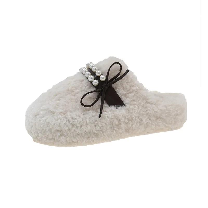 Fashion Fur Slippers Women Leopard Cotton Beaded Flats Shoes Woman 2024 Trend Winter Fashion Slingback Casual Warm Snow Boots Flip Flops 35 4156₽