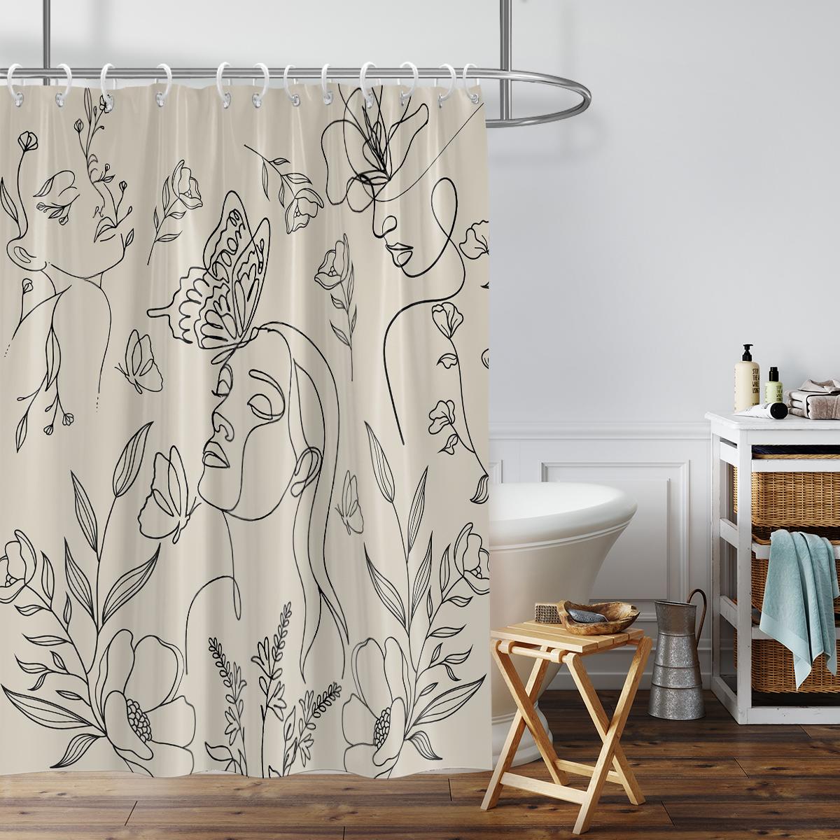 

1PC butterfly and women pattern printed shower curtain, waterproof, washable, with 12 hooks, bathroom shower, bathtub, home use 180x180cm