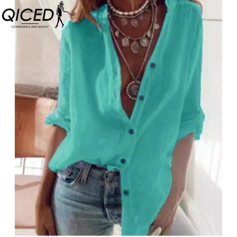 

QICED Женская Мода Повседневный Однотонный Принт Короткий Рукав ПОЛО Воротник Блузки и Рубашки M зелёный