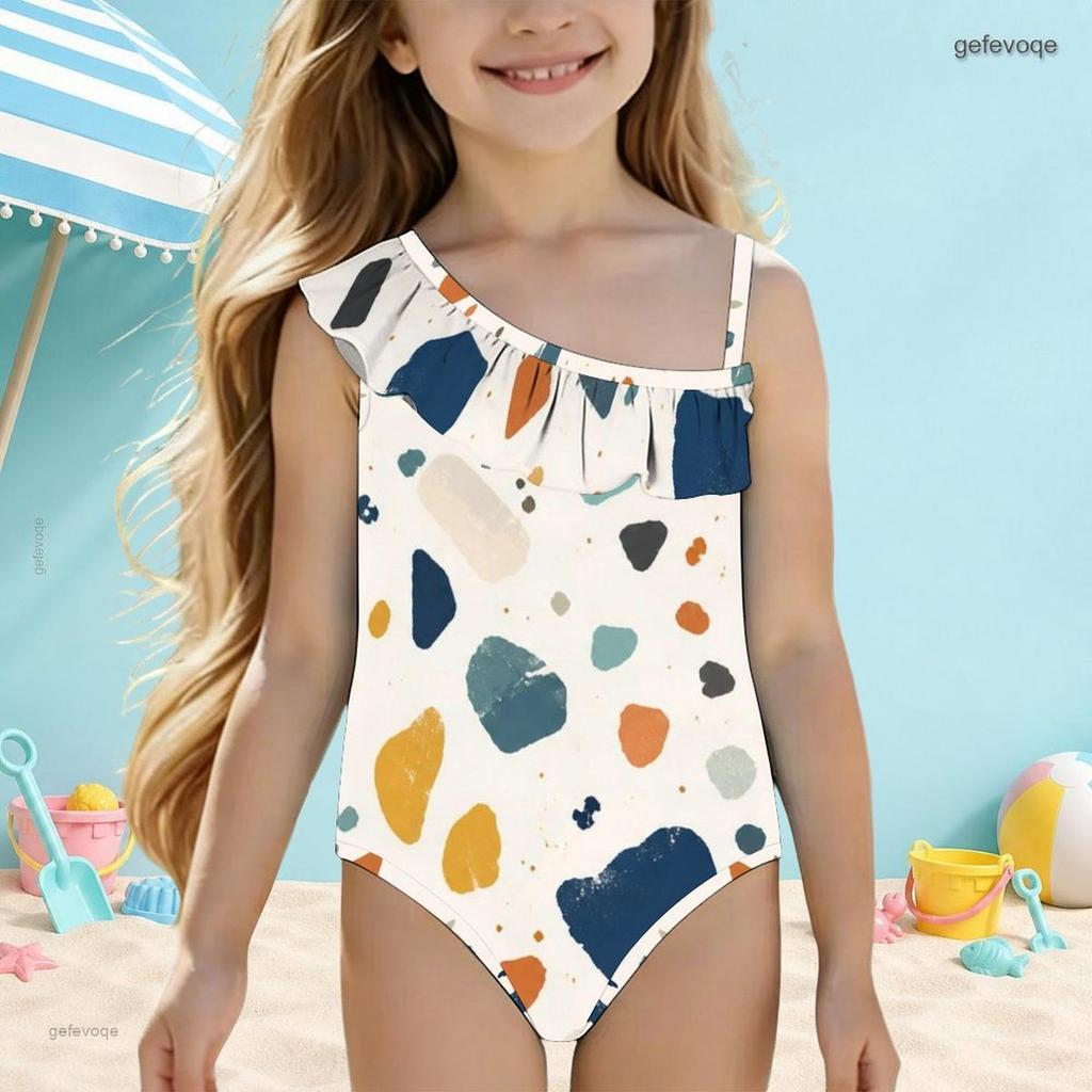 Girls One Shoulder Ruffle One Piece Swimsuit Abstract Printed Beach Swimwear