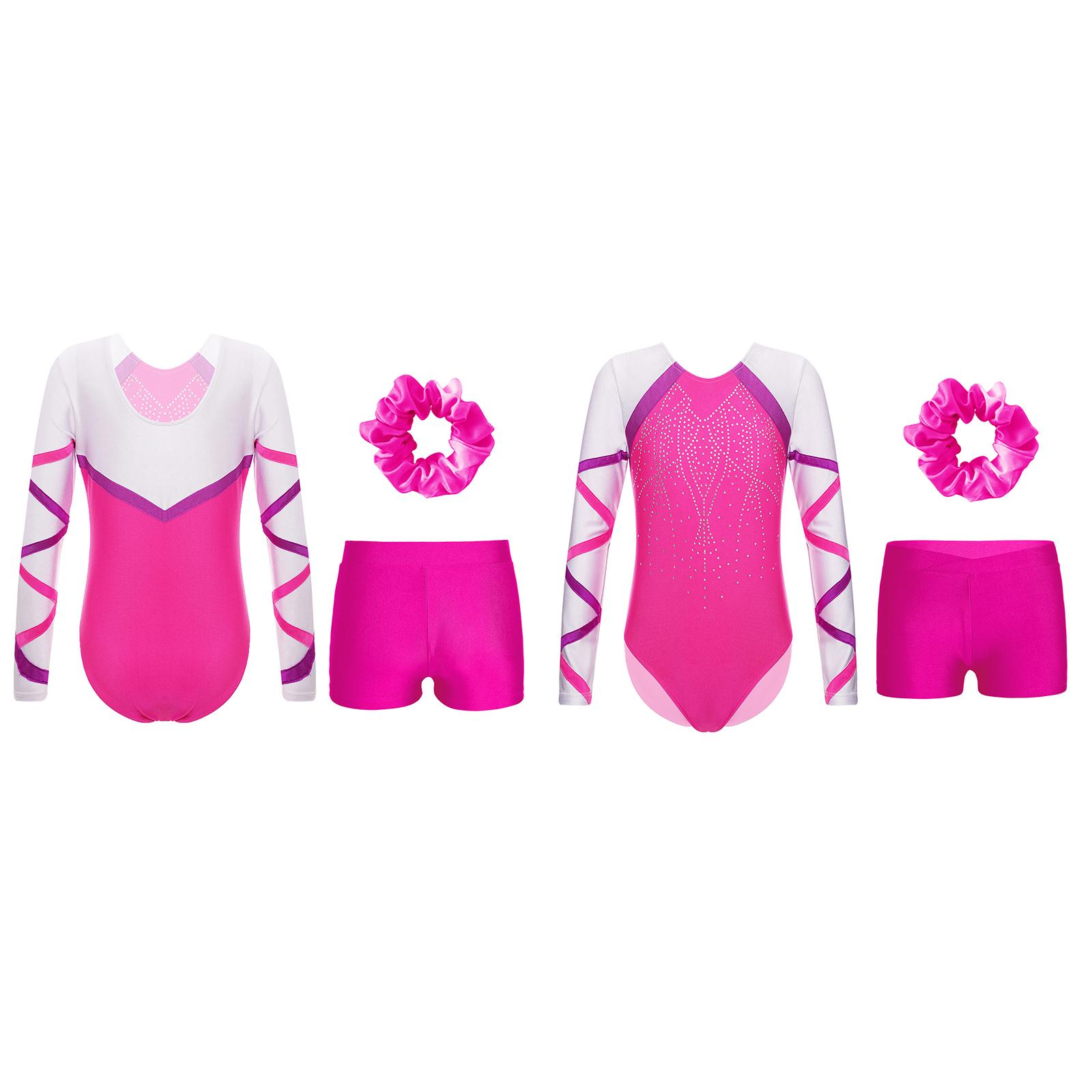 

Гімнастичне купальник для дівчат з довгим рукавом і блискучими стразами, шорти та гумка для волосся 5-6 Years