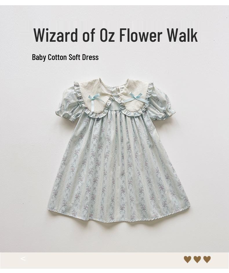 2026 Summer Doll Collar Color Block Girls' Dress – French Print Short Sleeve Princess Korean Style