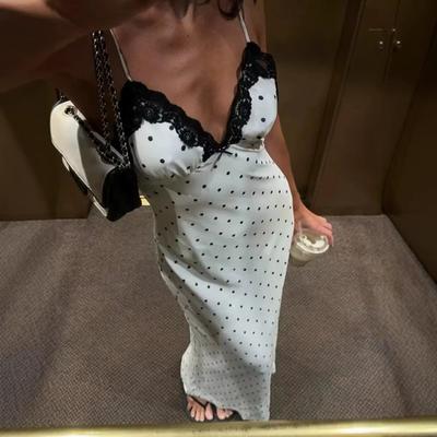 Vestito Maxi Pois Donna Spalline Sottili Scollo a V Bordi in Pizzo Nero Bodycon Vestito Vestibilità Aderente Raso Vestito Lungo Vacanza Estiva Brunch Abbigliamento Quotidiano da Strada