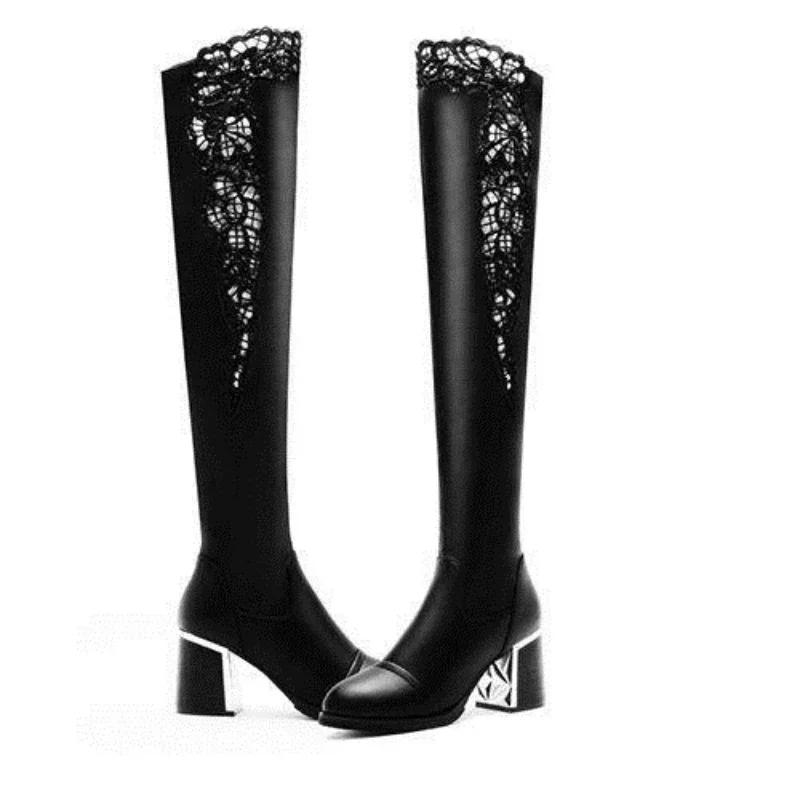 Women Embroidered Lace Knee Bare Boots Square High Heel Casual Long Tube Booties Lady Sexy Over Knee Thigh High Shoes Autumn