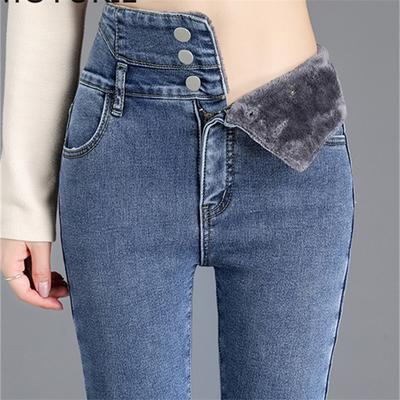 Pile spesso invernale Pantaloni a matita skinny caldi per la mamma Jeans Donna Pantaloni in denim blu femminili streetwear casual a vita alta