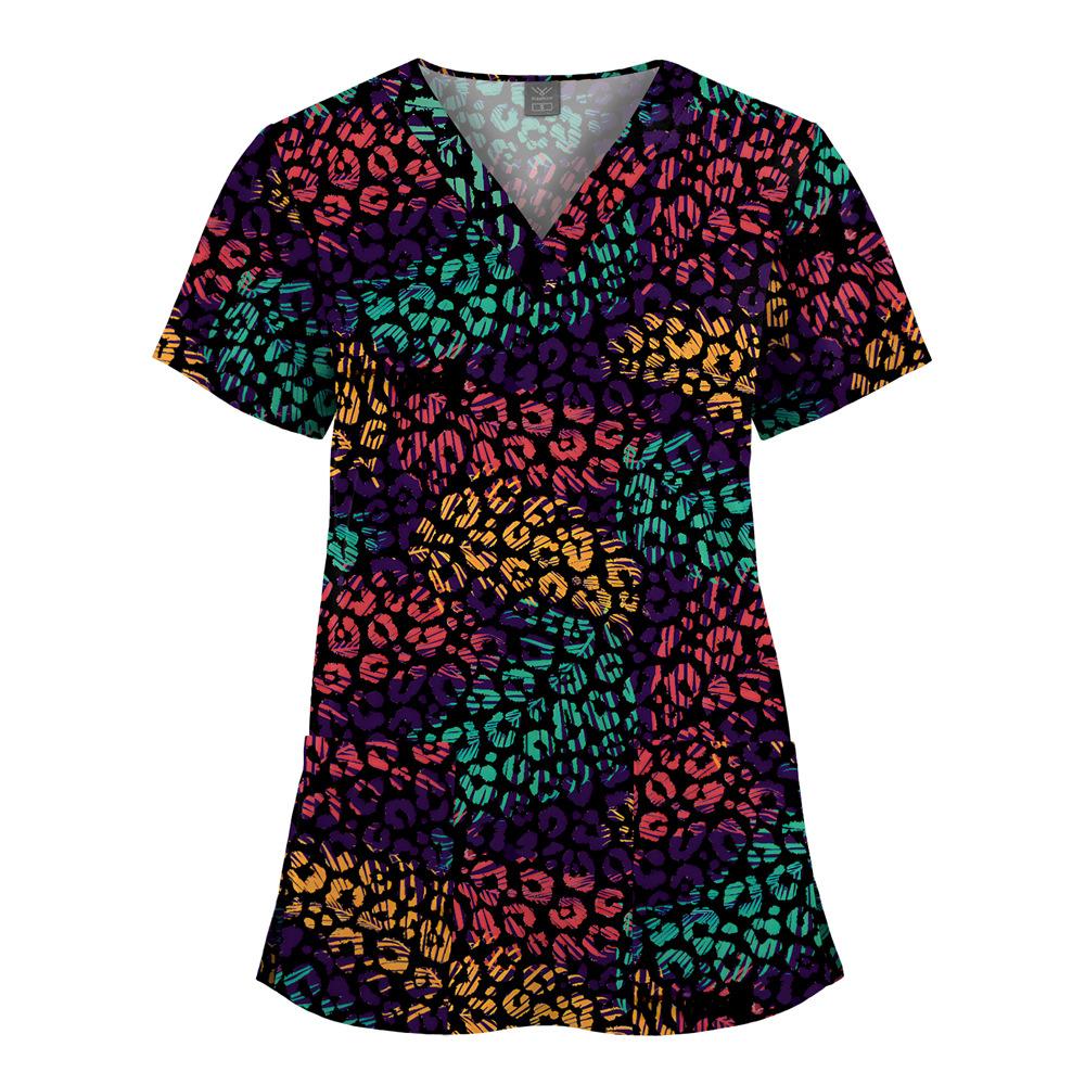 Quick-Drying Printed T-Shirt Short-Sleeved V-Neck Dental Oral Hand Wash Clothes Beauty Salon Pet Hospital Doctor Nurse Overalls