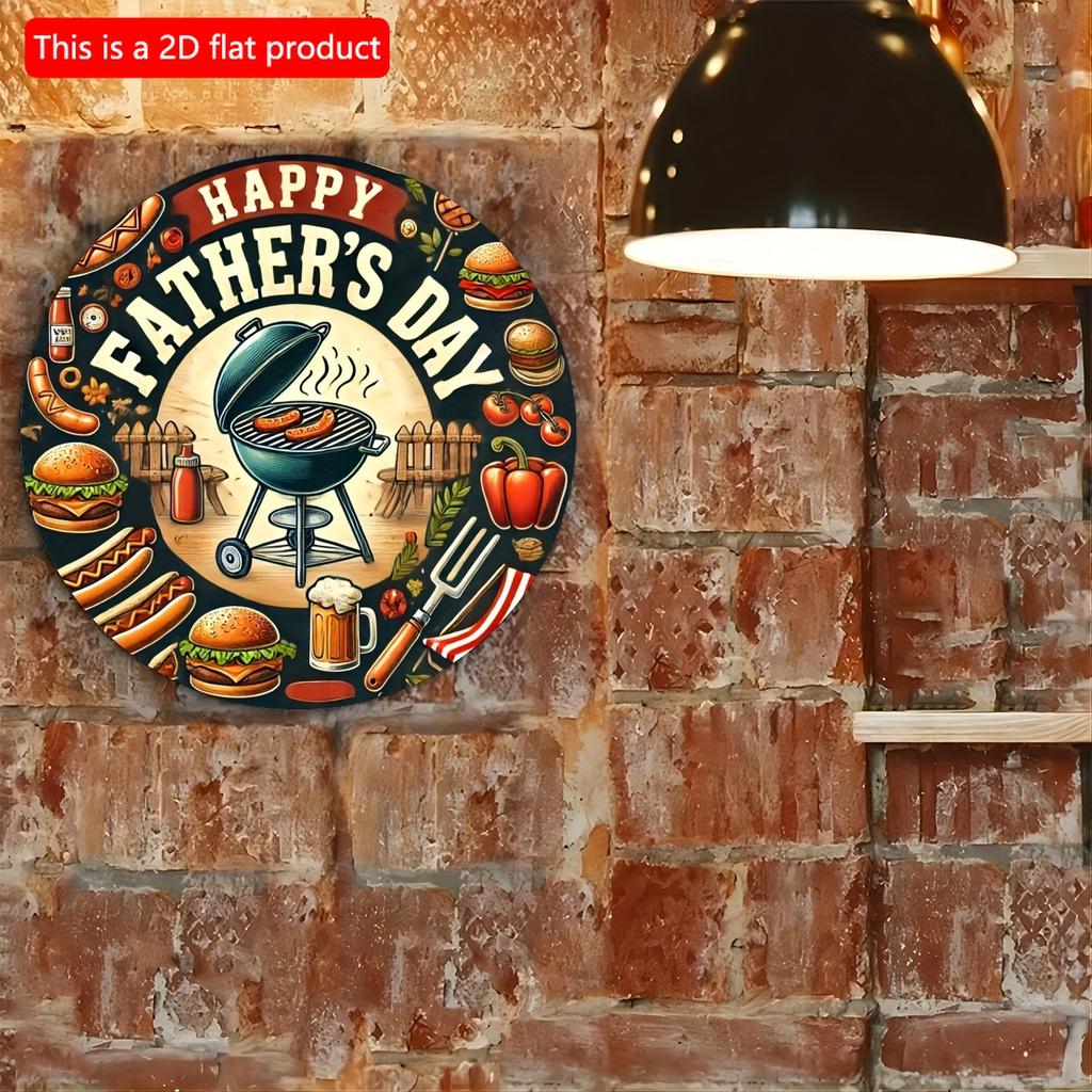 2d Flat 20*20cm, Vintage BBQ Themed Round Wooden Sign, "Happy Father's Day" Design with Grilling Illustrations, Perfect for Home, Cafe, Restaurant.