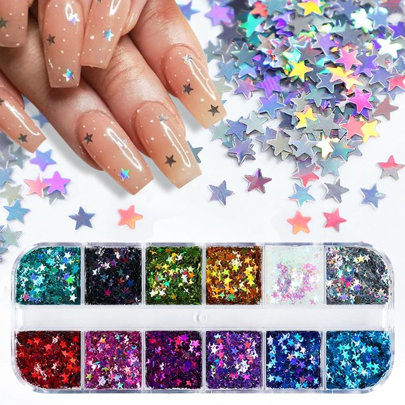 12Grid Five-pointed Star Sequins Size 3mm Mixed Nail Jewelry Resin Drop Glue Filled Sequins 3D Holographic Flake Sequins