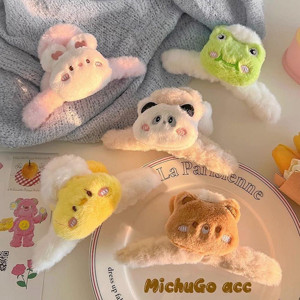 Doll Plush Panda Hair Claw Rabbit Winter Cross Hair Clip Sweet Animal Shark Clip  Wash Face