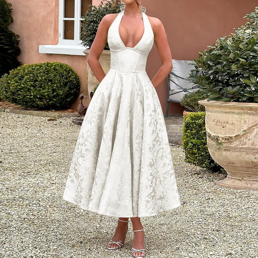 Vestido de Noche de Alta Gama para Mujer con Cuello en V y Espalda Descubierta, de Color Sólido, con Temperamento de Verano, Sin Mangas y con Cintura Ceñida