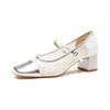Silver sheepskin single shoes women's summer mesh breathable new style thick heel light mouth Mary Jane women's shoes